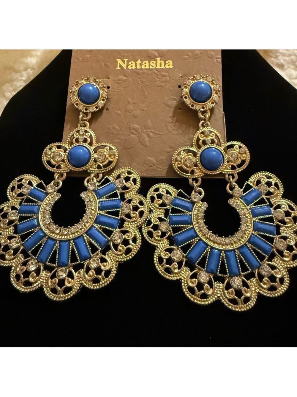 Natasha Couture Blue and Gold Filigree Earrings - Picture 4 of 4